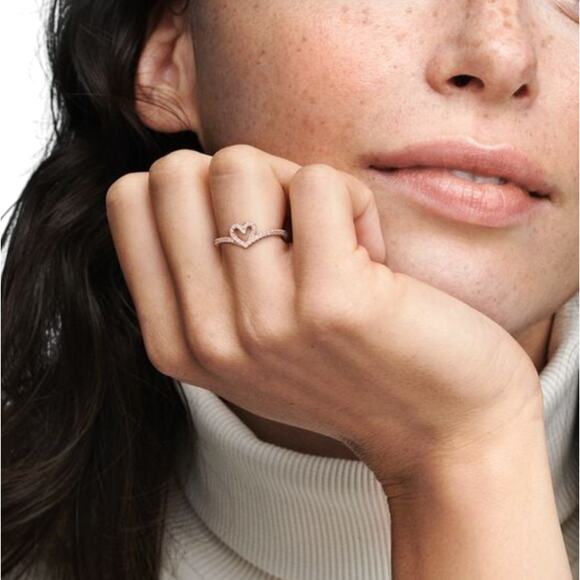 Pandora Sparkling Wishbone Heart Ring Rose Gold Plated Size 58 (8.5) - Picture 10 of 14